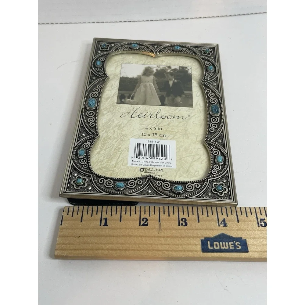Picture Frame Heirloom by Decorel 4x6 Frame Silvertone w/Turquoise Like Beads
